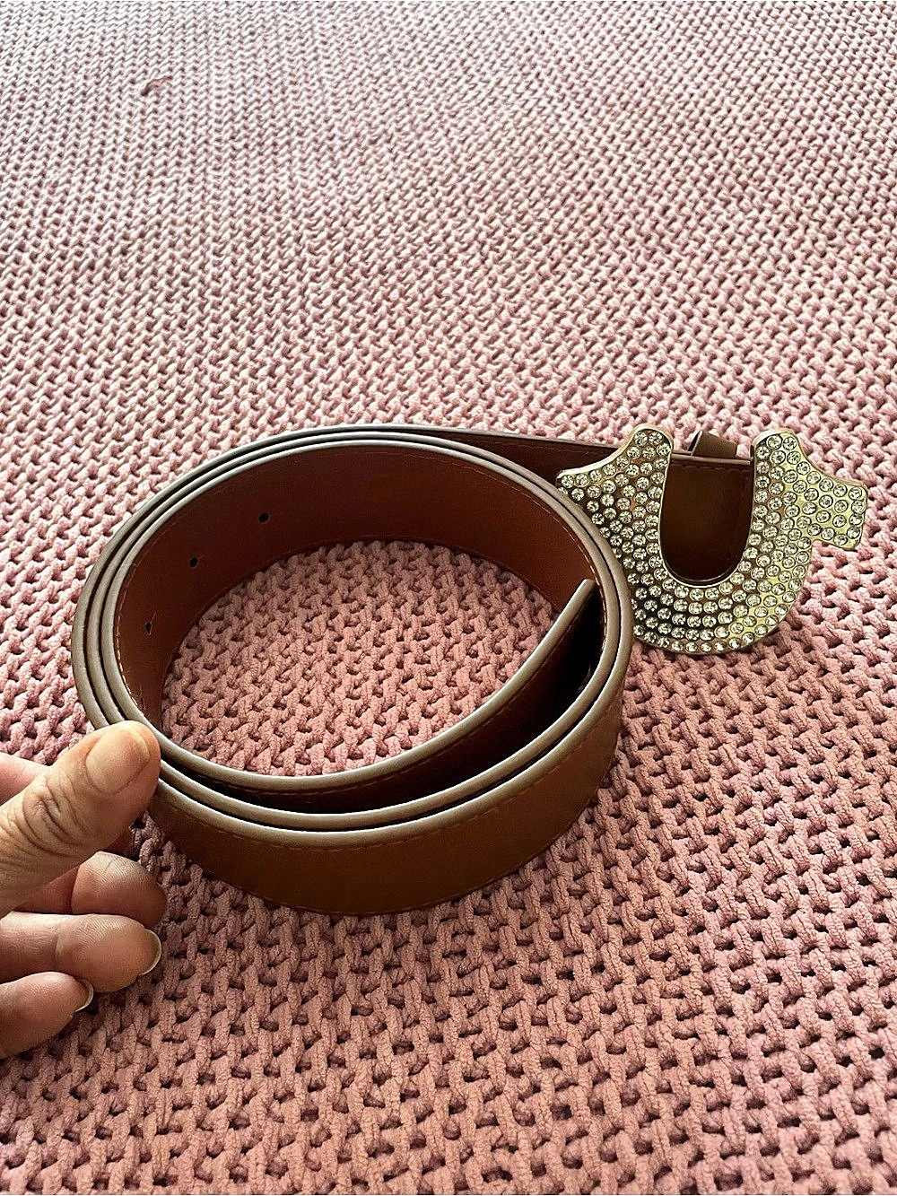True Religion Crystal Horseshoe Buckle Belt Brown L/XL